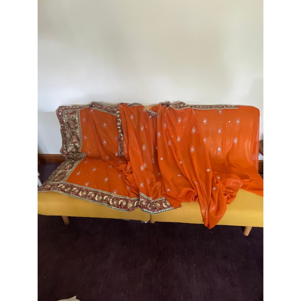 VTG Orange Embroidered Art Silk Sari Fabric | Traditional Indian Dress Bohemian